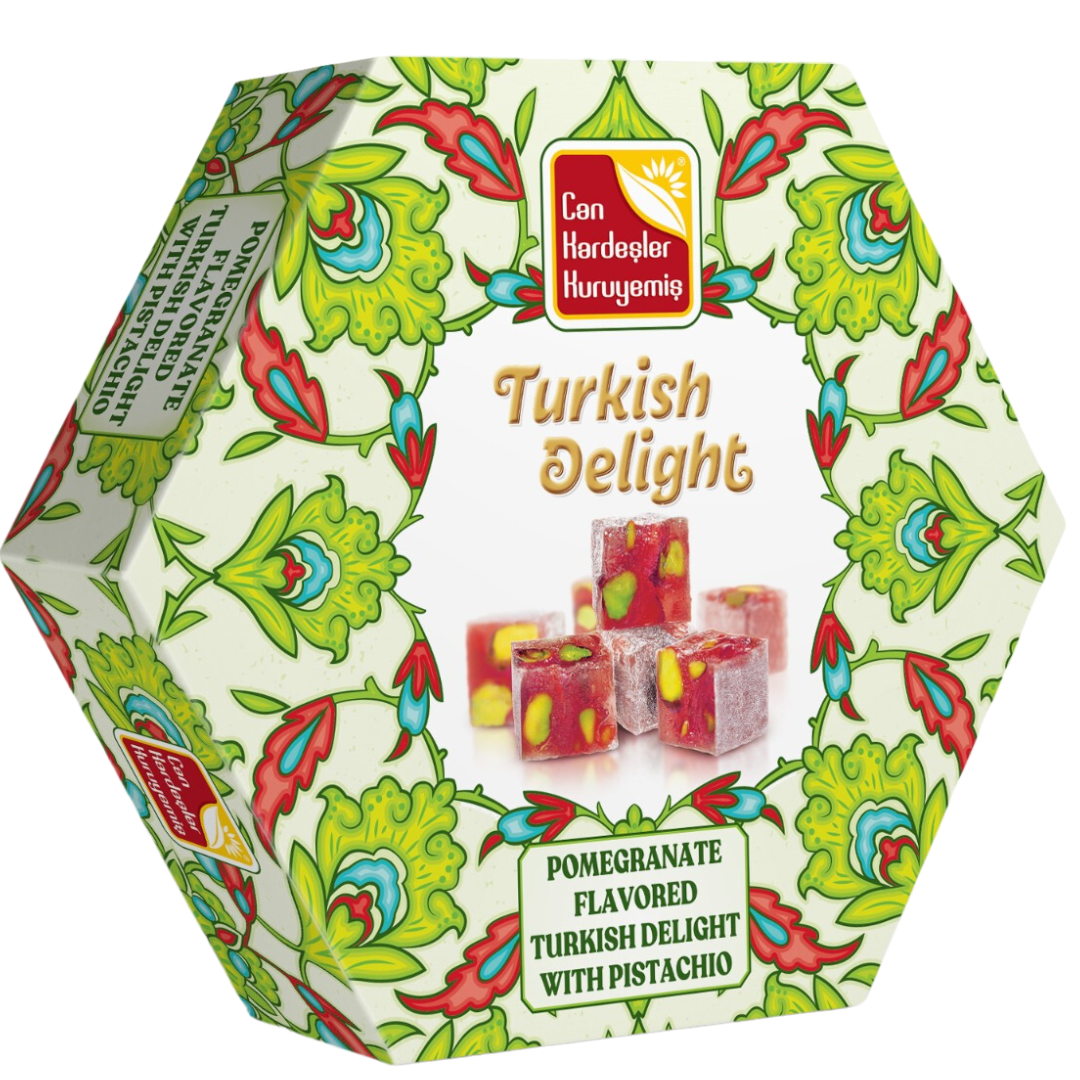 Can Kardesler Hex Pomegranate and Pistachio Turkish Delight 200g*30
